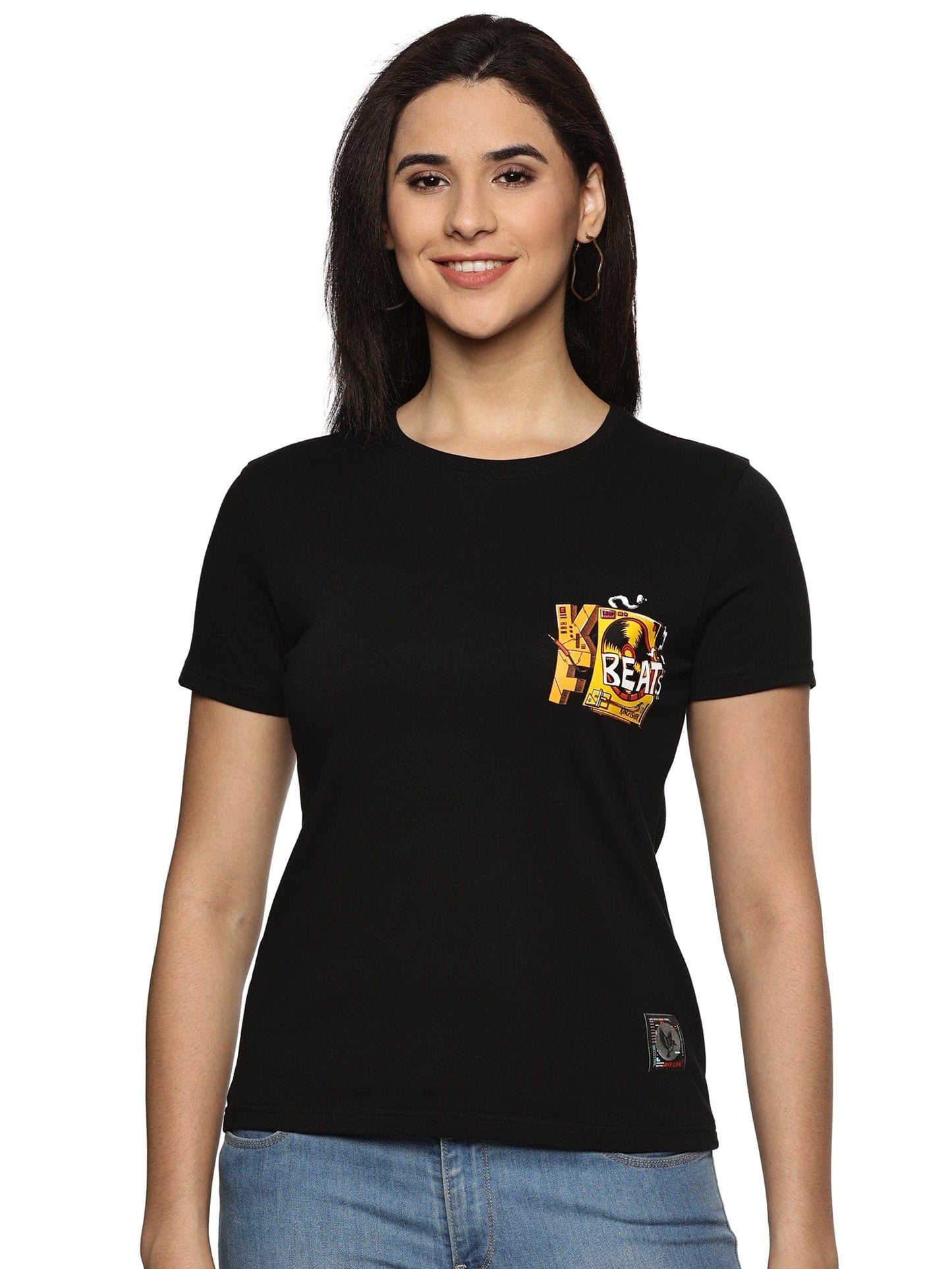 KF DJ BEATS WOMEN'S BLACK SHORT SLEEVE T SHIRT