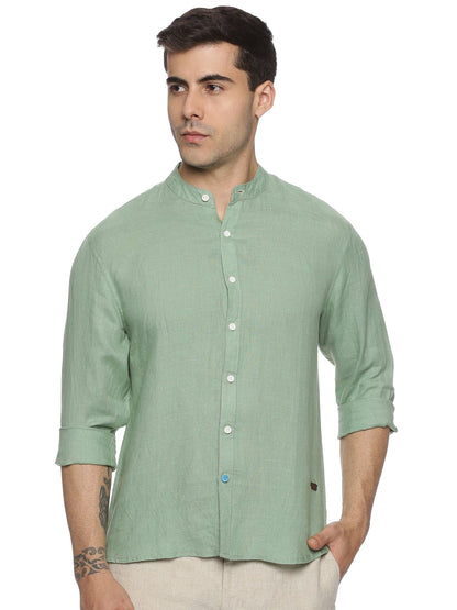 LINEN MANDARIN COLLAR GRANITE GREEN SHIRT