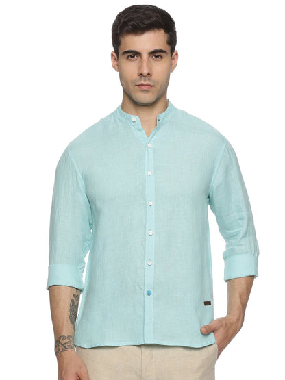 LINEN MANDARIN COLLAR ANGEL BLUE SHIRT