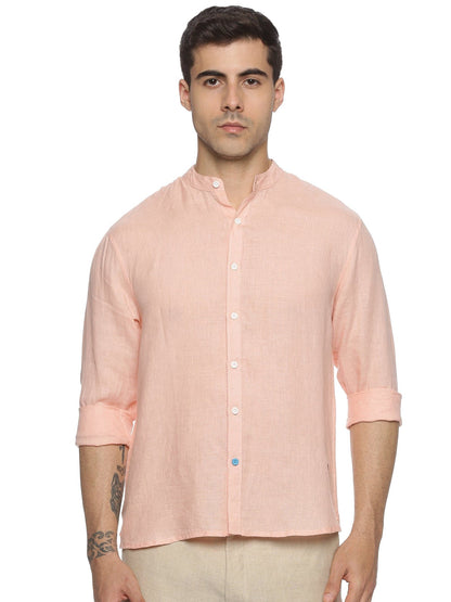 LINEN MANDARIN COLLAR DUSTY PEACH SHIRT