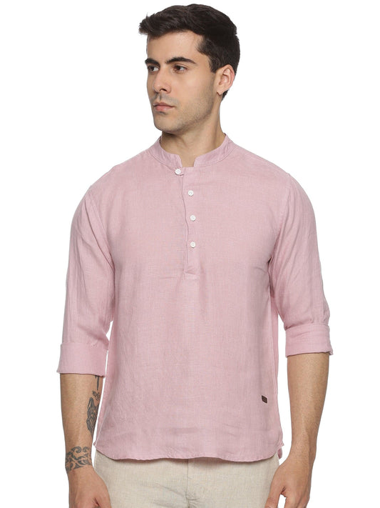 LINEN CENTRE PLACKET MANDARIN COLLAR DUSTY MAUVE SHIRT