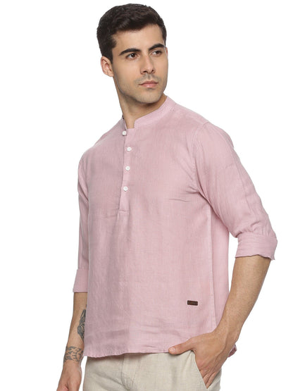 LINEN CENTRE PLACKET MANDARIN COLLAR DUSTY MAUVE SHIRT