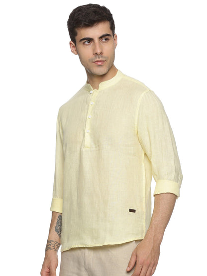 LINEN CENTRE PLACKET MANDARIN COLLAR PALE BANANA SHIRT