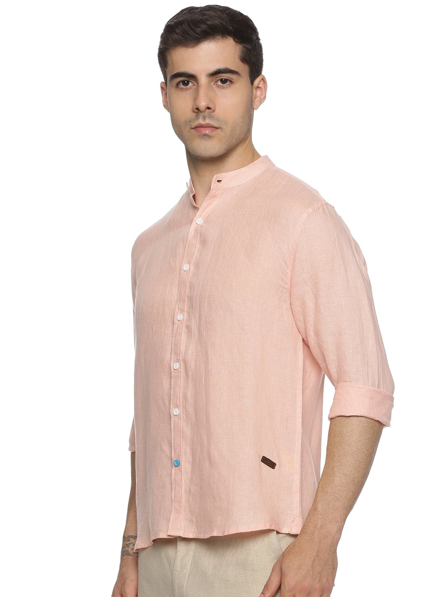 LINEN MANDARIN COLLAR DUSTY PEACH SHIRT