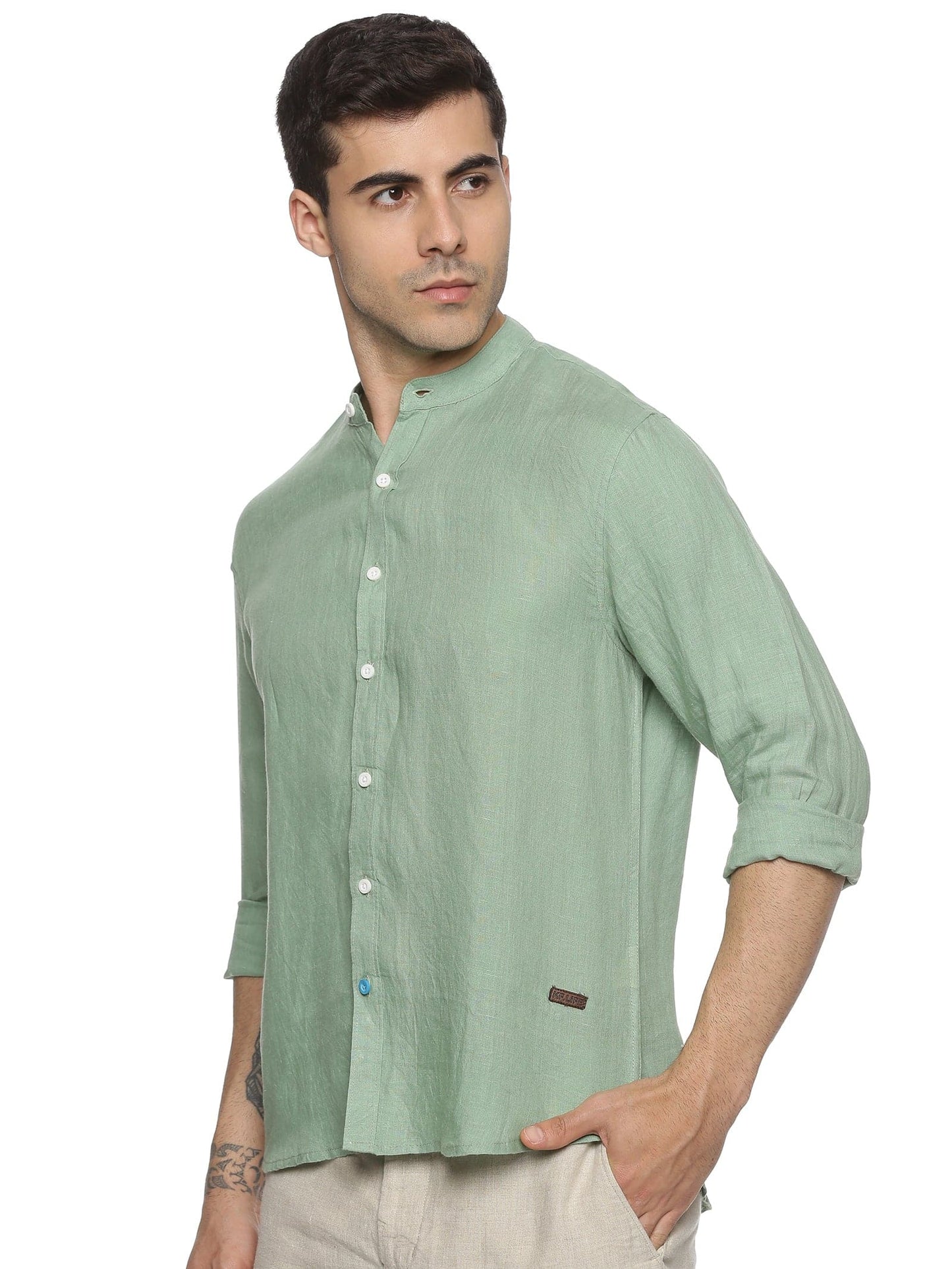 LINEN MANDARIN COLLAR GRANITE GREEN SHIRT