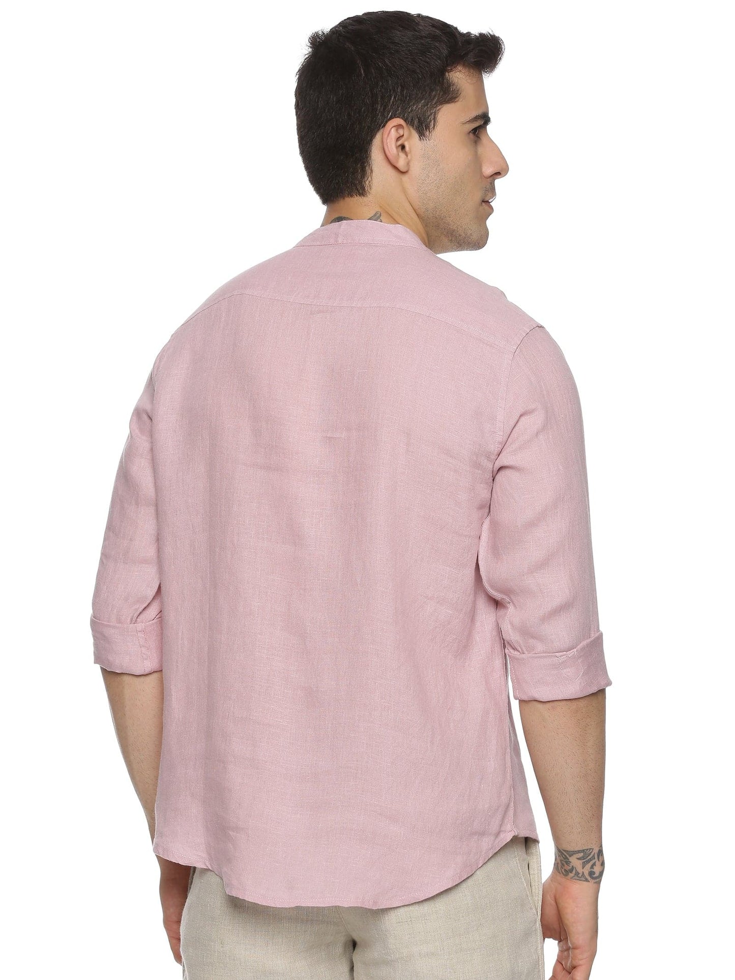 LINEN CENTRE PLACKET MANDARIN COLLAR DUSTY MAUVE SHIRT