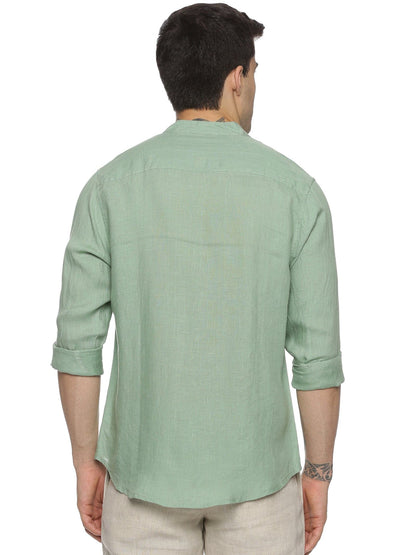 LINEN MANDARIN COLLAR GRANITE GREEN SHIRT