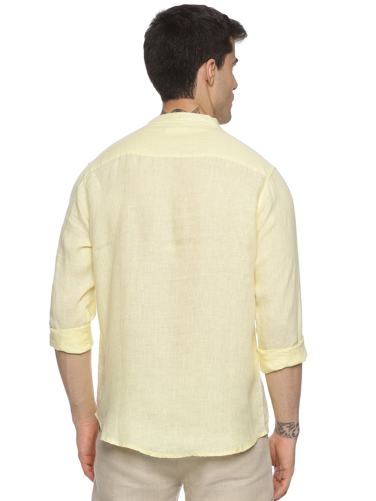 LINEN CENTRE PLACKET MANDARIN COLLAR PALE BANANA SHIRT