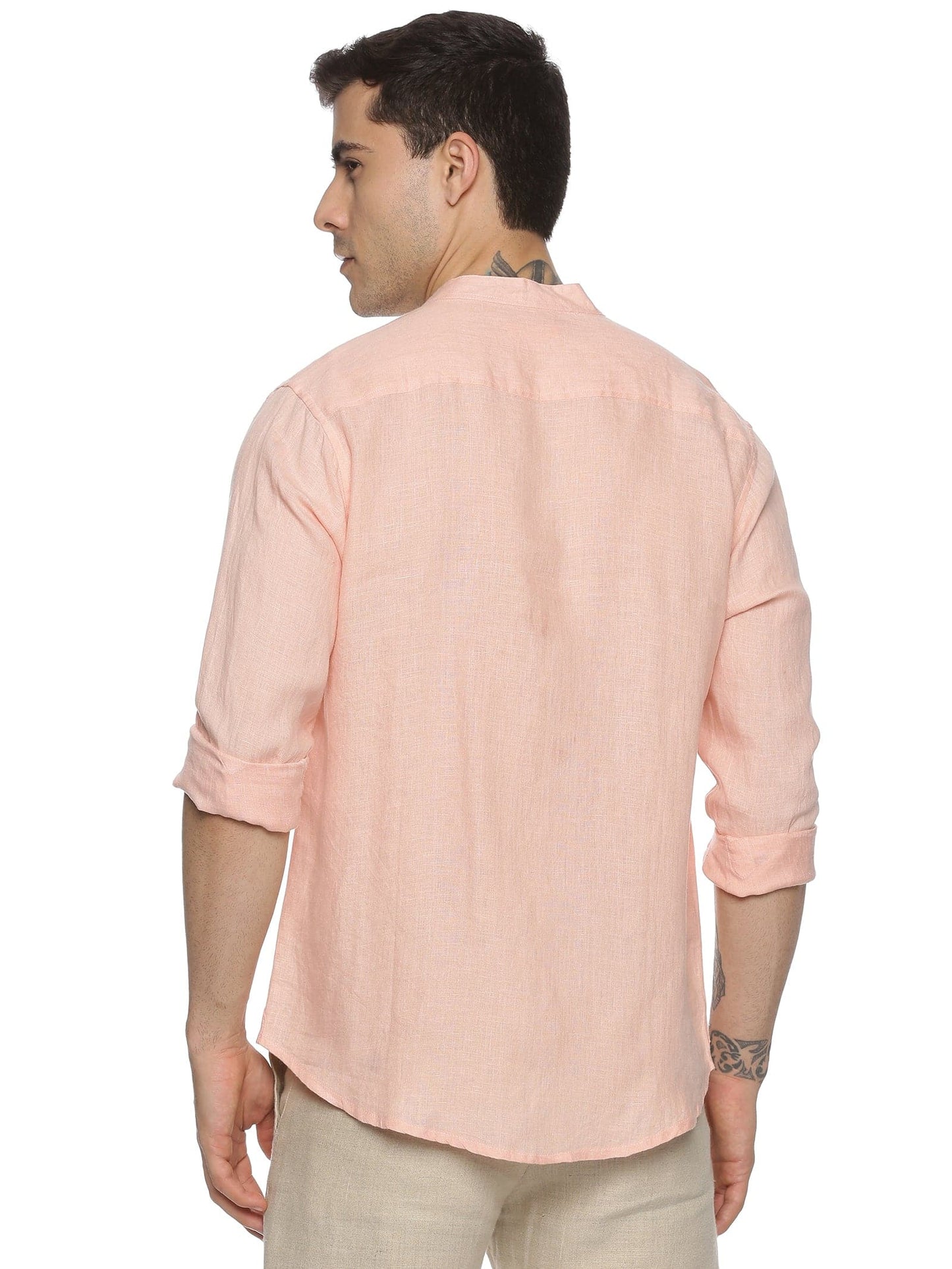 LINEN MANDARIN COLLAR DUSTY PEACH SHIRT