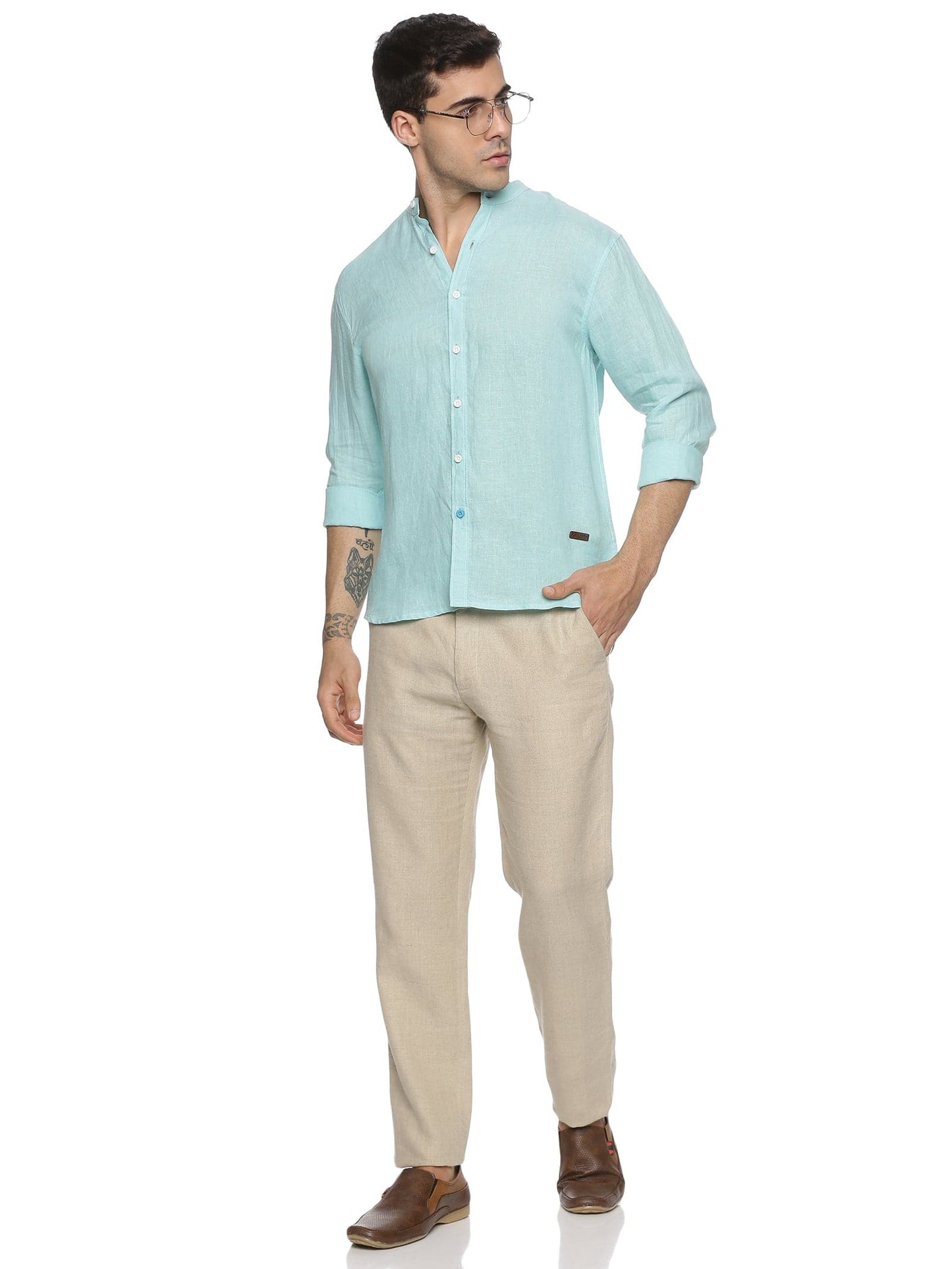 LINEN MANDARIN COLLAR ANGEL BLUE SHIRT