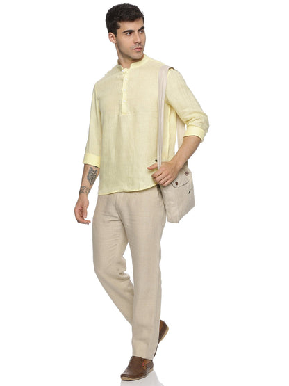 LINEN CENTRE PLACKET MANDARIN COLLAR PALE BANANA SHIRT