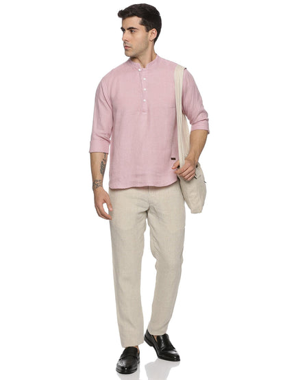 LINEN CENTRE PLACKET MANDARIN COLLAR DUSTY MAUVE SHIRT