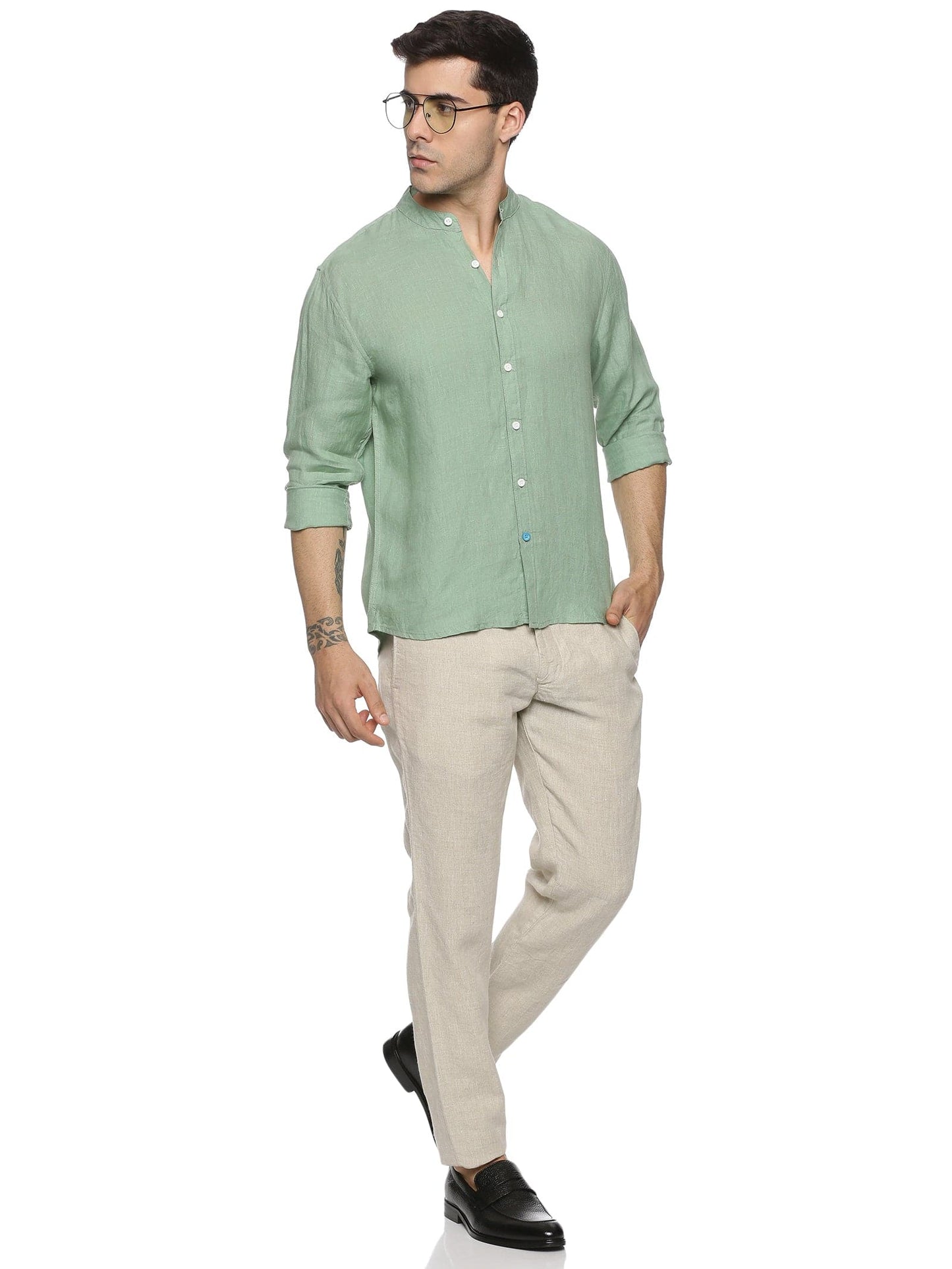 LINEN MANDARIN COLLAR GRANITE GREEN SHIRT