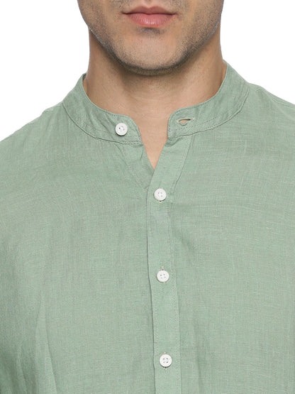 LINEN MANDARIN COLLAR GRANITE GREEN SHIRT