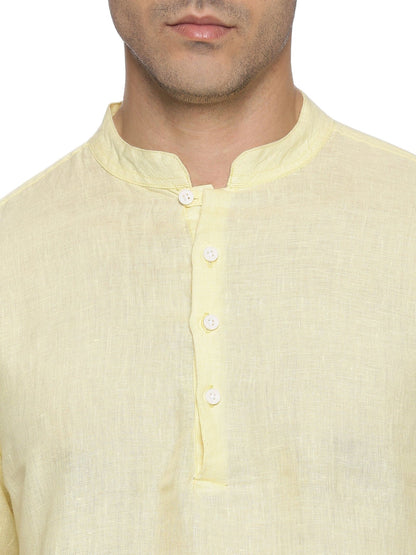 LINEN CENTRE PLACKET MANDARIN COLLAR PALE BANANA SHIRT