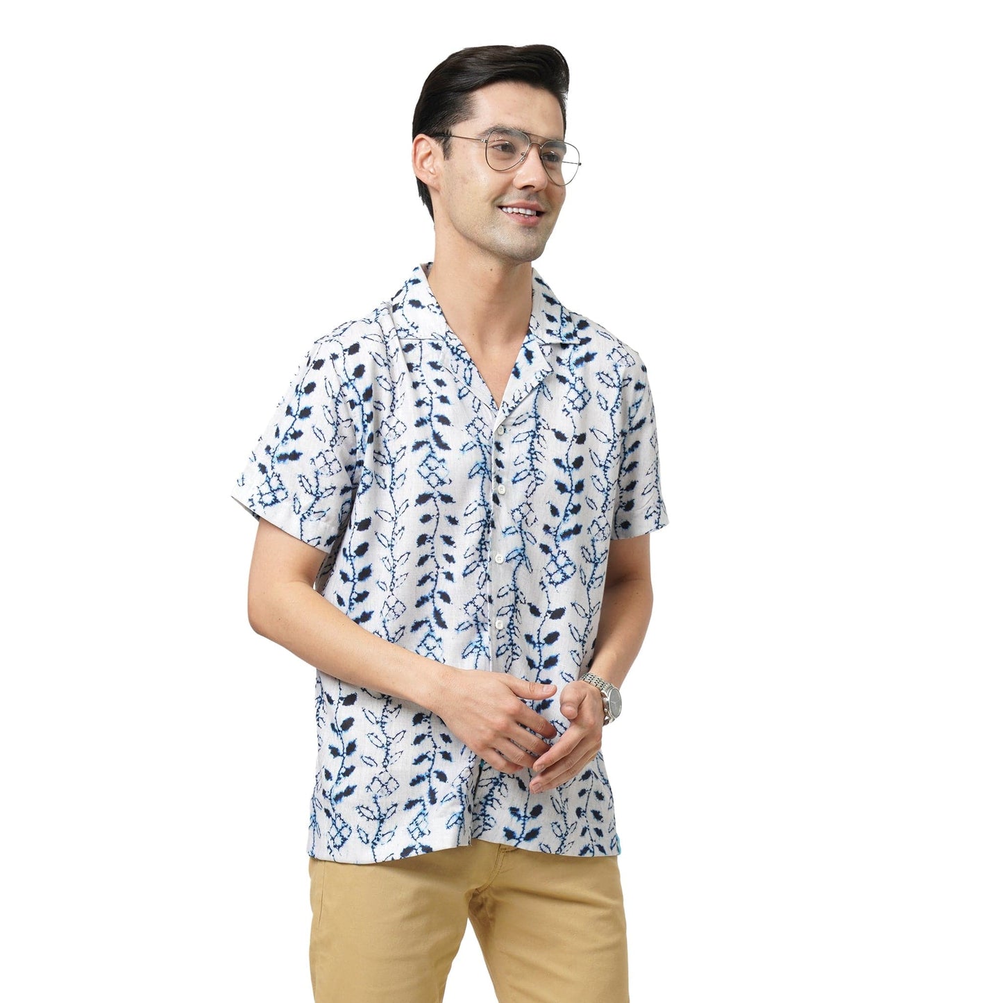 KF S/SLV INDIGO PRINTED POLY SHIRT